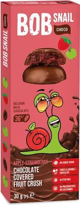 Produktbild von CHOCO-APFEL-ERDBEER-SNACK – IN BELGISCHER MILCHSCHOKOLADE, OHNE ZUCKERZUSATZ, GLUTENFREI, 30 g – BOB SNAIL