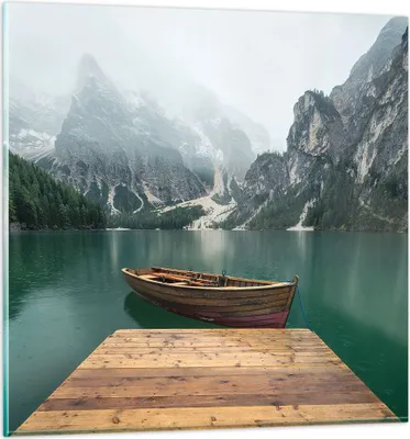 Produktbild von Bilder auf glas - Berge See Boot - 40x40cm - Glasbilder - Wandbilder - Kunstdruck - zum Aufhängen bereit - Wanddekoration aus Glas - Glas Bilder - Wandbild auf Glas - Einteilig - GAC40x40-3978