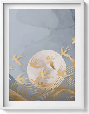 Produktbild von Illustration des Mondes und fliegender Vögel– Wandbild mit Rahmen – Gerahmtes Bild  – Wanddekoration – 60x80 cm –  Weiß Rahmen