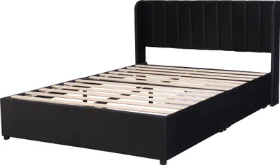 Obrázek produktu pro Čalouněná postel Sweiko Manželská postel se 2 zásuvkami a lamelovým roštem Pohodlné čelo 160*200 cm Černý samet