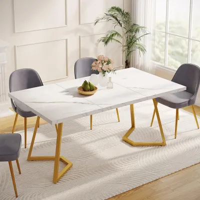Produktbild von Esstisch - Rechteckiger Küchentisch 140x80 cm - Kunstmarmor Tischplatte - Für 6 Personen - Metallbeine in Gold - Weiß und Gold