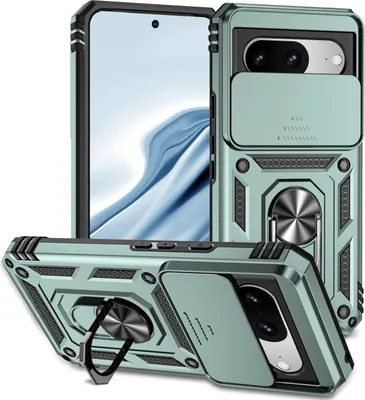 Image de Étui pour Google Pixel 8 étui double couche avec couvercle coulissant pour appareil photo et support annulaire vert