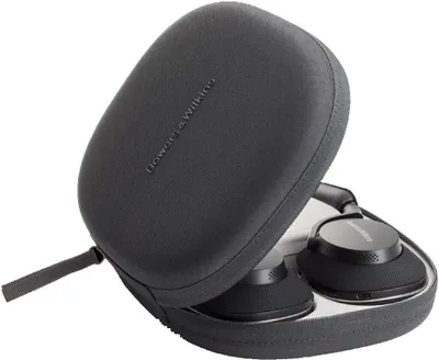 A pair of black over-ear headphones are partially inside their black carrying case.