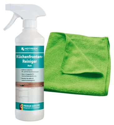 Produktbild von HOTREGA Küchenfronten-Reiniger matt 500 ml Spray | gebrauchsfertiger Oberflächenreiniger gegen Fett & Öl | materialschonend | inkl. Microfasertuch