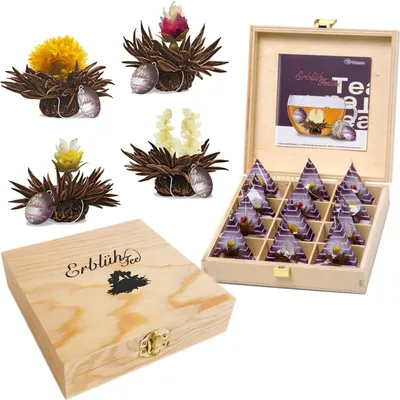 Produktbild von Creano Teelini Teeblumen im Tassenformat, Geschenkset in Teekiste aus Holz, 12 ErblühTeelini in 4 Sorten | Schwarzer Tee