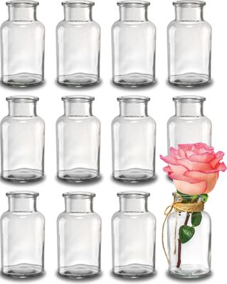 12 Kleine Glasvasen - 12,5 cm hoch - Inklusive Juteschnur - Vintage Design - Traumhafte Deko für Hochzeit - Spülmaschinenfest