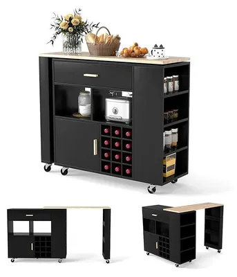 Productafbeelding van Keukenwagen – Zwart Rubberhout 120x40x100 cm – Met Draaibaar Werkblad en Wijnrek