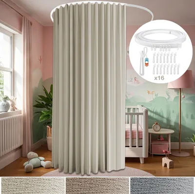 A room divider curtain is shown installed in a child's room, with a crib and a window visible.