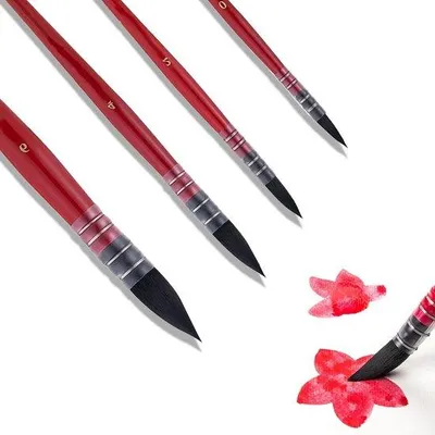 Produktbild von Aquarelpenselen-Set mit Eichhörnchenborsten und Nylonspitze, Größen #0 2 4 6