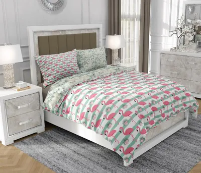 Produktbild von Bettwäsche 140x200 cm + 2x70x80 cm, 3-teilig, 100% Baumwolle, Satin, Reißverschluss, Flamingo, Bunt - SOVIO | So.9044