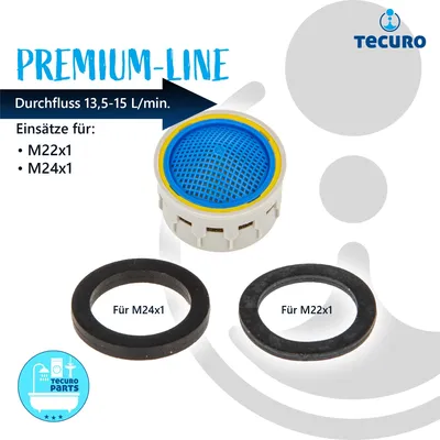 Product shot of a faucet aerator and its accessories with text overlays.