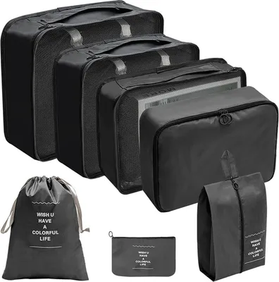 Produktbild von 7 teiliges Set Koffer Organizer, Faltbare Reise Kleidertaschen, Wasserdichte Aufbewahrungstasche, Schuhbeutel, Unterwäschetasche, Kordelzugtasche, Schwarz