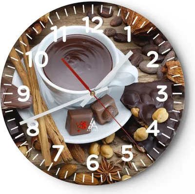 Produktbild von Wanduhr - Rund - Glasuhr - Tasse Schokolade trinken Zimt - 40x40cm - Schleichendes Uhrwerk - Lautlos - zum Aufhängen bereit - Dekoration Modern - Wanddekoration aus Glas - C4AR40x40-2488