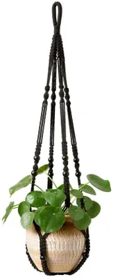 Productafbeelding van Macramé plantenornament, houten ophangplaat voor planten, decoratieve bloemenvaas, zonder compartimenten, geschikt voor binnen- en buitengebruik, bohemien woonaccessoire, 35 inch, zwart