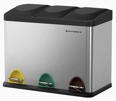 Image de Poubelle à trois compartiments 45 L – Poubelle à pédale 3 x 15 litres – Tri sélectif avec couvercle – Poubelle en acier inoxydable pour la cuisine