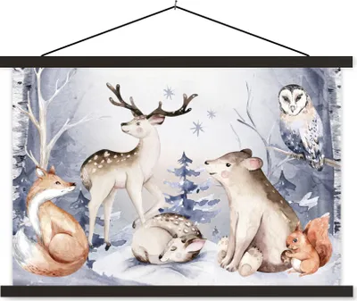 Produktbild von MuchoWow® Textilposter Winter - Tiere - Schnee 60x40 cm mit schwarzem Rahmen - Hölzernes