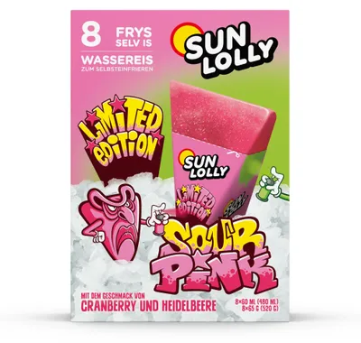 Produktbild von Sun Lolly Wassereis Sour Pink Cranberry & Heidelbeere 8 Stk | Limited Edition | Mit Fruchtsaft | Ohne künstliche Süßungsmittel | Glutenfrei
