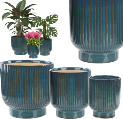Produktbild von Set 3 x Blumenübertopf Rund aus Keramik, blau mit Streifen,Hochglanz, Dekoration für Hause und Büro, Modern Loft, Pflanzenabdeckung Ohne Wasserablauf,für Orhideen und Sukulenten, Geschenk