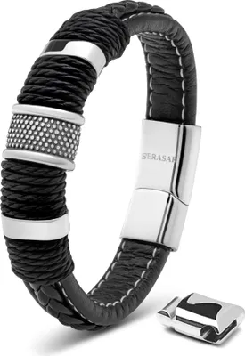 Image de SERASAR | Bracelet en cuir pour homme [Bague] en acier inoxydable | Couleur : Argent | Longueur : 23cm