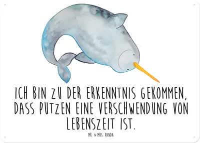 Produktbild von Mr. & Mrs. Panda Wandbild Narwal DIN A5 - Weiß - Geschenk, Türschild, Meer, Blechtafel, Aufräumen, Putzen, tafel, Hausfrau, Kinderzimmer, Blechschild, Schild, Wal