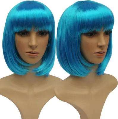 Produktbild von Perücke 30cm Kurzhaar Glatt Pony Bubikopf Karneval Kostüm Fasching Babe Party Cosplay Türkis