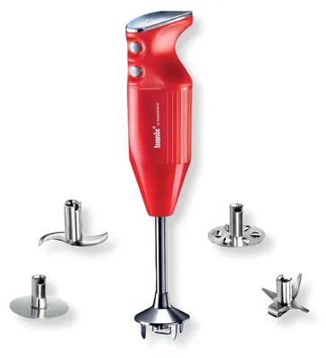 A red Bamix MAXX immersion blender with multiple attachments displayed around it on a white background.