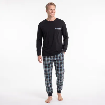 Image de GAUBERT GB-2554 Pyjama long homme 100 % coton, noir avec pantalon à carreaux, taille 3XL