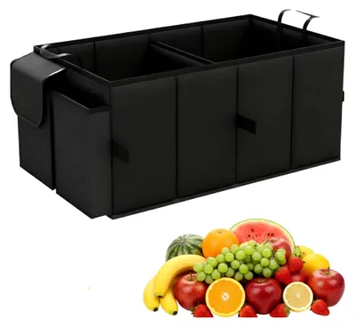 Produktbild von Kofferraum Organizer, Faltbarer Auto Kofferraum Organizer mit 2 Fächern, Praktische Kofferraumtasche für Familien, Camping und Reisen, Schwarz, 56 x 33 x 28 cm