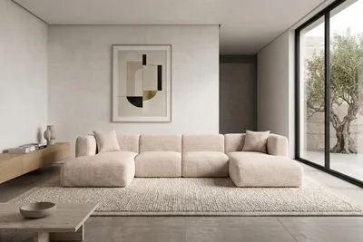 Image de Canapé d'angle Kaiser, forme en U, revêtement en tissu velours Cremona, couleur crème, modèle GRETA