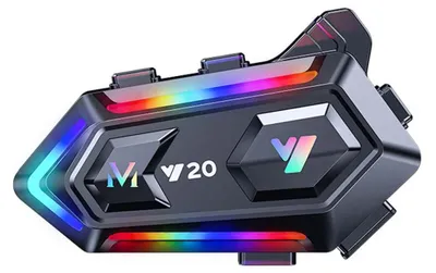 A close-up, studio shot of a motorcycle helmet Bluetooth headset with RGB lighting.