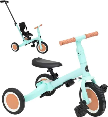 Image de Olmitos Tricycle enfant Gyro+ 5 en 1 pour enfants de 1 à 5 ans, transformable en draisienne ou vélo, Vert menthe