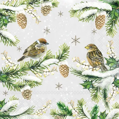 Produktbild von Servietten Papier 33x33cm 3-lagig mit Spatzen im Schnee Motiv 20 Stück