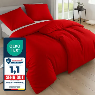 Produktbild von Komfortec Bettwäsche 135x200 4teilig Bettwäsche-Sets 2 Bettbezüge 135x200 cm + 2 Kissenbezüge 80x80 cm, Rot mit Reißverschluss