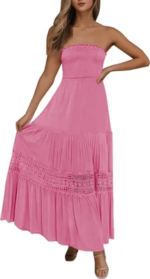 Produktbild von ASKSA Damen Sommer Kleider Bandeau Kleid Lang Schulterfreies y TraeGerlos Off Shoulder RueCkenfrei Spitzenbesatz Maxikleid (Rosenrot,L)