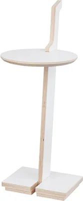 A white wooden stand with a circular top and a vertical support.