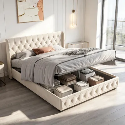 Obrázek produktu pro Postel s pružinovou základnou INONEFT, rozměry 140x190 cm, čalouněná postel s roštem a úložným prostorem, dvojlůžko s úložným prostorem, samet, béžová barva