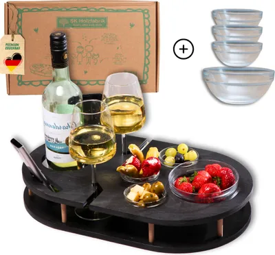 Produktbild von Couchbar Weinbar in schwarz mit 4 Glasschalen | Snackbar für Wein mit Getränkehalterung für Weingläser und Weinflasche | Sofabar für Snacks