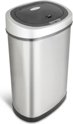A silver automatic sensor trash can with a black lid.