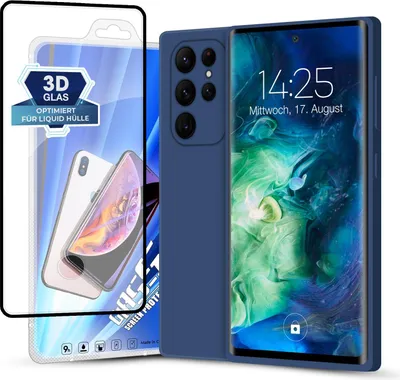 Produktbild von Hülle für Samsung Galaxy S22 Ultra mit 9H Displayglas Displayschutz Plus Case Cover Bumper Silikon Softgrip Schutzhülle Farbe: Blau