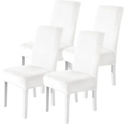 Produktbild von Samt-Stuhlhussen, 4er-Set, elastische Stuhlhussen, Stuhlhussen für Freischwingerstühle, Hussen für Stühle mit hoher Rückenlehne, kratzfeste Stuhlhussen, universell waschbare Stuhlhussen, weiß