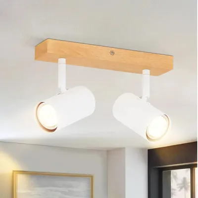 Zdjęcie produktu dla ZMH lampy sufitowe 2 płomienie biały reflektor sufitowy drewniana lampa sufitowa GU10 reflektor sufitowy obrotowy 350° reflektor do salonu sypialni kuchni