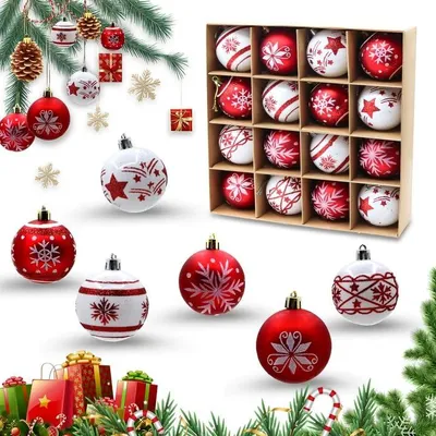 16 Weihnachtskugeln, 6 cm, rot/weiß, Kunststoff, unzerbrechlich