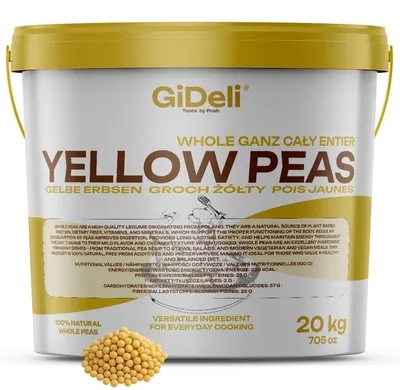 Obrázok produktu pre Žlté hrachy 20 kg, celé, nelúpané, vhodné pre vegánov, prírodný zdroj bielkovín, luštěniny, značka GiDeli