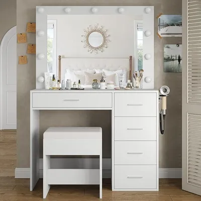 Produktbild von Schminktisch mit Beleuchtung, 94CM Schminktisch mit Spiegel, 11LED-Lichter 3 Beleuchtungsmodi, 5 Schubladen, Kosmetiktisch mit Stuhl für Schlafzimmer, Ankleidezimmer, Studio, Weiß