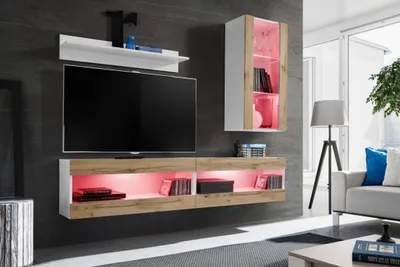 Obrázek produktu pro Nástěnná skříňka, Tivoli SET5, bílá/wotan, šířka 200 cm x výška 195 cm x hloubka 35 cm, LED RGB, do obývacího pokoje, ložnice