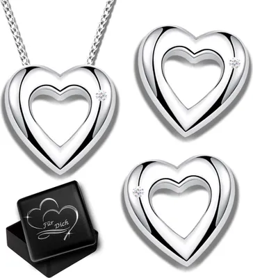 Produktbild von Damen Herz-Kette mit Herz-Ohrringe ECHTE Diamanten 925 Sterling Silber Ohrstecker Schmuck-Set Frau 0.03 ct K967+K968+V14, 50cm