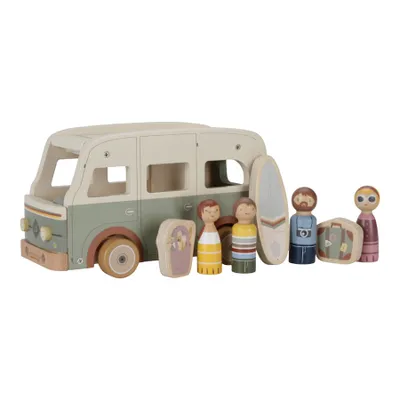 A wooden toy camper van with figures and accessories.