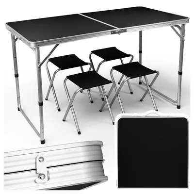 Obrázek produktu pro Skládací kempingový stůl, cestovní stůl, skládací stůl v kufru Epifit CAMP 120 x 60 cm, sada se 4 židlemi, MDF, černý