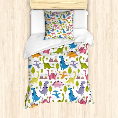 Produktbild von ABAKUHAUS Dino Mantele, Dinosaurier Bunte, Milbensicher Allergiker geeignet mit Kissenbezügen, 135 cm x 200 cm - 80 x 80 cm, Mehrfarbig