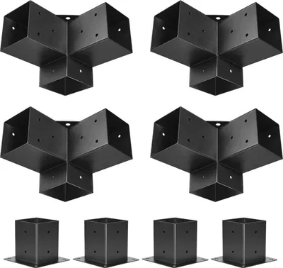 Immagine prodotto di Kit staffe per pergola, 4x4 pollici (dimensioni interne 92 x 92 mm), 4 pezzi Kit di staffe angolari a 3 vie per lavori pesanti Kit base per pali fai da te per lavori in legno, travi in legno di facile installazione per gazebo, pergolati da patio, capanne in legno